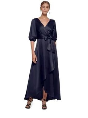DKNY Donna Karan‎ 3/4 Balloon Sleeve Surplice V-Neck Faux Wrap Gown Navy Size  4